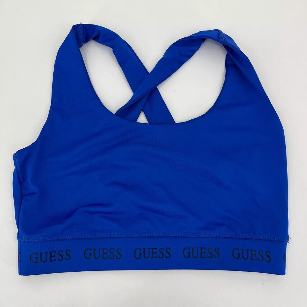 Guess Womens Royal Blue Crisscross Back Logo Band Sports Bra Size M